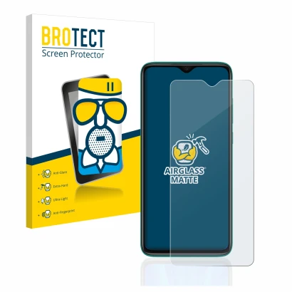 Front side of a product packaging with the brand logo BROTECT. Next to it is the device Xiaomi Redmi Note 8 Pro shown with the