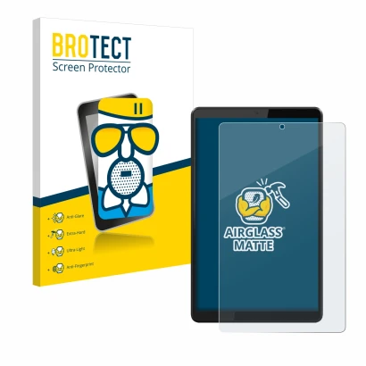 Front side of a product packaging with the brand logo BROTECT. Next to it is the device Lenovo Tab M8 shown with the correspon