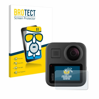 Front side of a product packaging with the brand logo BROTECT. Next to it is the device GoPro Max shown with the corresponding