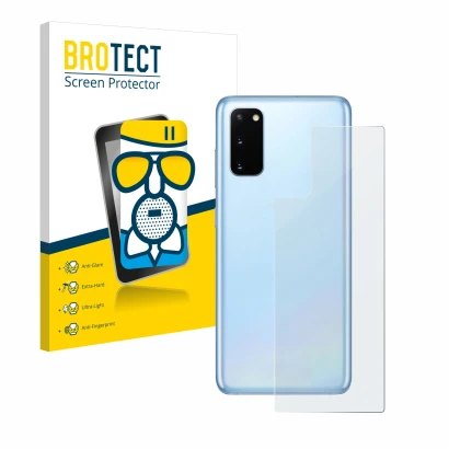 Front side of a product packaging with the brand logo BROTECT. Next to it is the device Samsung Galaxy S20 (Back) shown with t