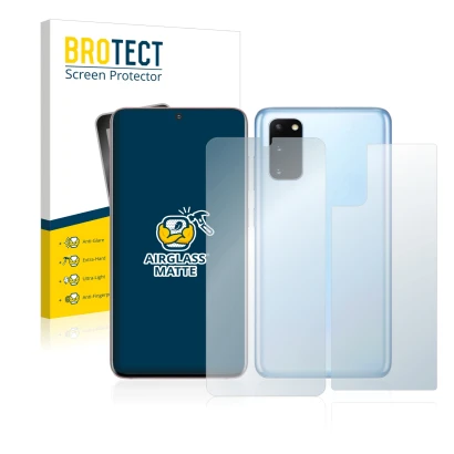 Front side of a product packaging with the brand logo BROTECT. Next to it is the device Samsung Galaxy S20 (Front+Back) shown