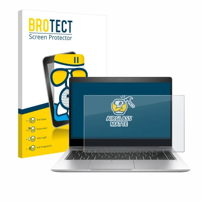 Front side of a product packaging with the brand logo BROTECT. Next to it is the device HP EliteBook 840 G6 shown with the cor