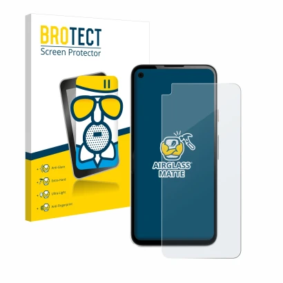 Front side of a product packaging with the brand logo BROTECT. Next to it is the device Google Pixel 4a shown with the corresp