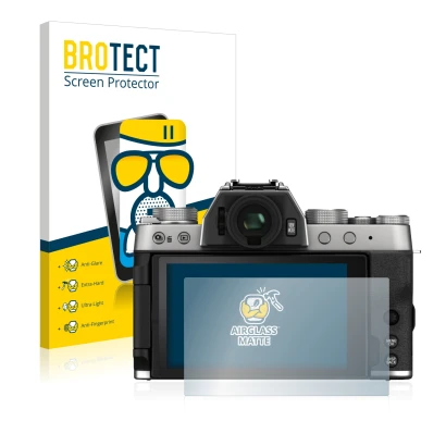 Front side of a product packaging with the brand logo BROTECT. Next to it is the device Fujifilm X-T200 shown with the corresp
