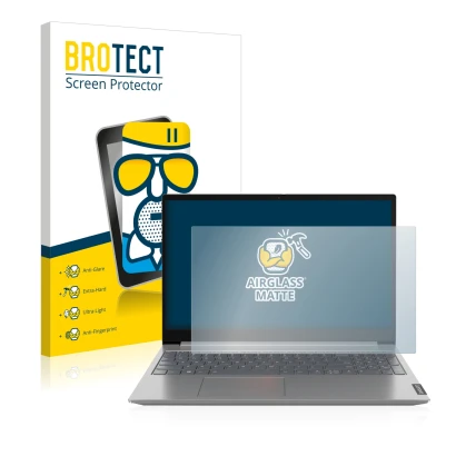 Front side of a product packaging with the brand logo BROTECT. Next to it is the device Lenovo ThinkBook 14" shown with the co