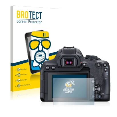 Front side of a product packaging with the brand logo BROTECT. Next to it is the device Canon EOS 850D shown with the correspo