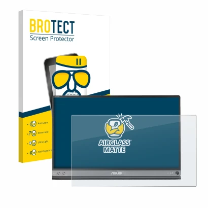 Front side of a product packaging with the brand logo BROTECT. Next to it is the device ASUS ZenScreen MB16AC shown with the c