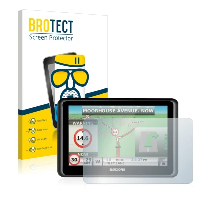 Front side of a product packaging with the brand logo BROTECT. Next to it is the device Snooper Truckmate S6900 shown with the