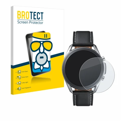 Front side of a product packaging with the brand logo BROTECT. Next to it is the device Samsung Galaxy Watch 3 (45mm) shown wi