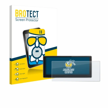 Front side of a product packaging with the brand logo BROTECT. Next to it is the device Joying 4G Car Radio 10.25" shown with 