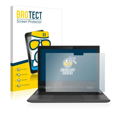 Front side of a product packaging with the brand logo BROTECT. Next to it is the device Lenovo 300e (2nd Gen.) shown with the 