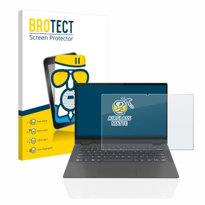 Front side of a product packaging with the brand logo BROTECT. Next to it is the device Lenovo IdeaPad Flex 5 14" 2020 shown w