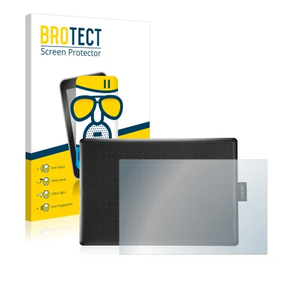 Front side of a product packaging with the brand logo BROTECT. Next to it is the device Wacom One Medium shown with the corres