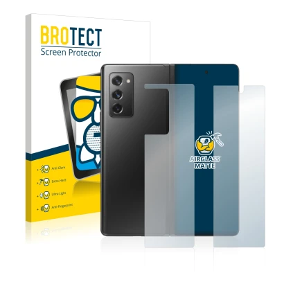 Front side of a product packaging with the brand logo BROTECT. Next to it is the device Samsung Galaxy Z Fold 2 5G (Front+Back