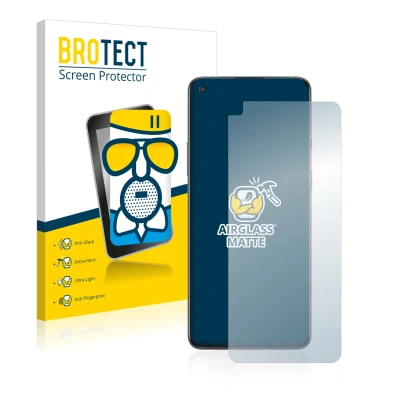 Front side of a product packaging with the brand logo BROTECT. Next to it is the device OnePlus 8T shown with the correspondin