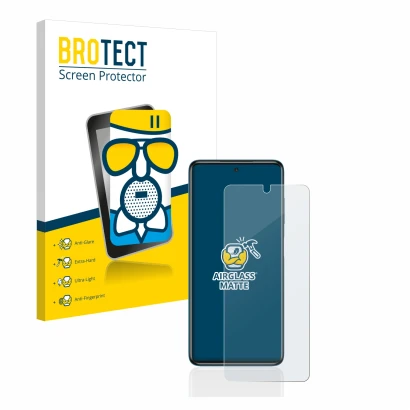 Front side of a product packaging with the brand logo BROTECT. Next to it is the device Xiaomi Poco X3 NFC shown with the corr