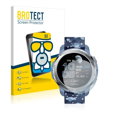 Front side of a product packaging with the brand logo BROTECT. Next to it is the device Honor Watch GS Pro shown with the corr