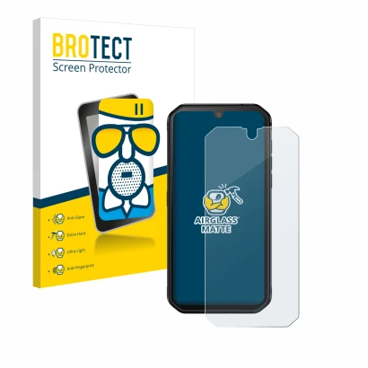 Front side of a product packaging with the brand logo BROTECT. Next to it is the device Blackview BV9900E shown with the corre