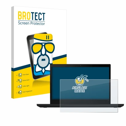 Front side of a product packaging with the brand logo BROTECT. Next to it is the device Lenovo ThinkPad T14 Gen 1 shown with t