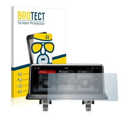 Front side of a product packaging with the brand logo BROTECT. Next to it is the device BMW 1 E88 2004-2013 VioVox 8251 10.25"