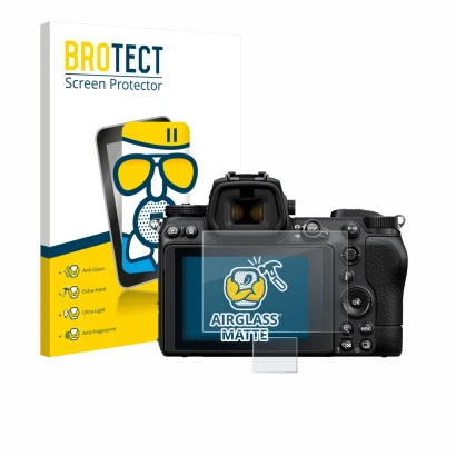 Front side of a product packaging with the brand logo BROTECT. Next to it is the device Nikon Z 6 II shown with the correspond