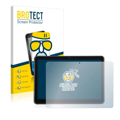 Front side of a product packaging with the brand logo BROTECT. Next to it is the device Wortmann Terra Pad 1006 shown with the