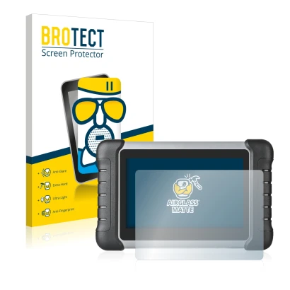 Front side of a product packaging with the brand logo BROTECT. Next to it is the device Autel MaxiCOM MK808 shown with the cor