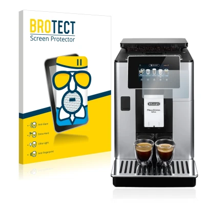 Front side of a product packaging with the brand logo BROTECT. Next to it is the device DeLonghi PrimaDonna Soul ECAM610.74.MB