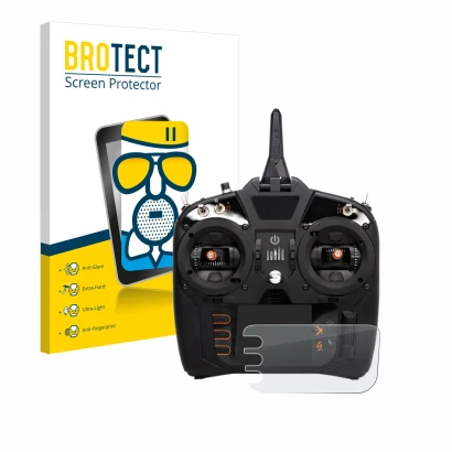 Front side of a product packaging with the brand logo BROTECT. Next to it is the device Spektrum NX8 shown with the correspond