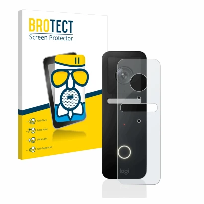 Front side of a product packaging with the brand logo BROTECT. Next to it is the device Logitech Circle View Doorbell shown wi