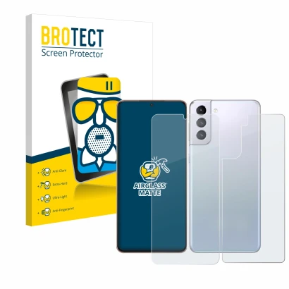 Front side of a product packaging with the brand logo BROTECT. Next to it is the device Samsung Galaxy S21 Plus 5G (Front+Back