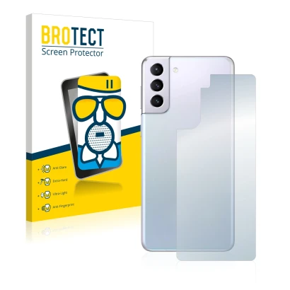 Front side of a product packaging with the brand logo BROTECT. Next to it is the device Samsung Galaxy S21 (Back) shown with t