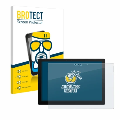 Front side of a product packaging with the brand logo BROTECT. Next to it is the device Microsoft Surface Pro 7 Plus shown wit