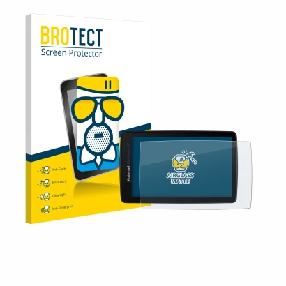 Front side of a product packaging with the brand logo BROTECT. Next to it is the device BMW Navigator VI shown with the corres