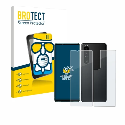 Front side of a product packaging with the brand logo BROTECT. Next to it is the device Sony Xperia 5 III (Front+Back) shown w