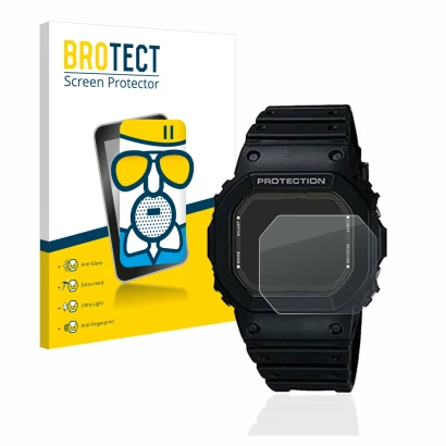 Front side of a product packaging with the brand logo BROTECT. Next to it is the device Casio G-Shock GW-5000-1JF shown with t