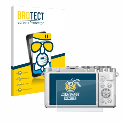 Front side of a product packaging with the brand logo BROTECT. Next to it is the device Olympus PEN E-P7 shown with the corres