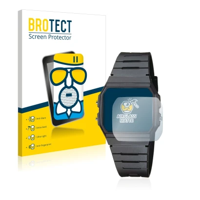 Front side of a product packaging with the brand logo BROTECT. Next to it is the device Casio Collection Unisex F-91W shown wi