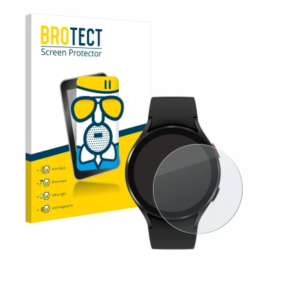 Front side of a product packaging with the brand logo BROTECT. Next to it is the device Samsung Galaxy Watch 4 (44mm) shown wi