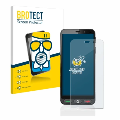 Front side of a product packaging with the brand logo BROTECT. Next to it is the device Brondi Amico S Nero shown with the cor