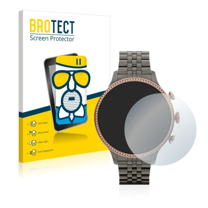 Front side of a product packaging with the brand logo BROTECT. Next to it is the device Fossil Gen 6 (42mm) shown with the cor
