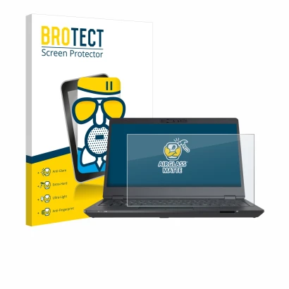 Front side of a product packaging with the brand logo BROTECT. Next to it is the device Fujitsu Lifebook U7311 shown with the 