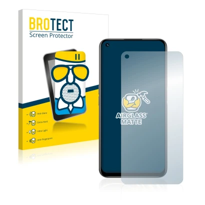 Front side of a product packaging with the brand logo BROTECT. Next to it is the device realme 8i shown with the corresponding