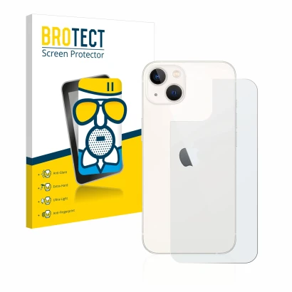 Front side of a product packaging with the brand logo BROTECT. Next to it is the device Apple iPhone 13 (Back) shown with the 
