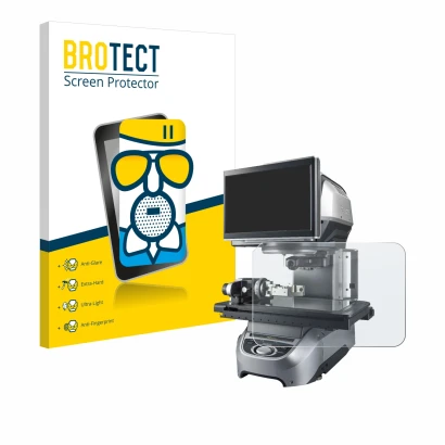 Front side of a product packaging with the brand logo BROTECT. Next to it is the device Keyence IM-8030 Glass plate shown with