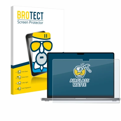 Front side of a product packaging with the brand logo BROTECT. Next to it is the device Apple MacBook Pro 16