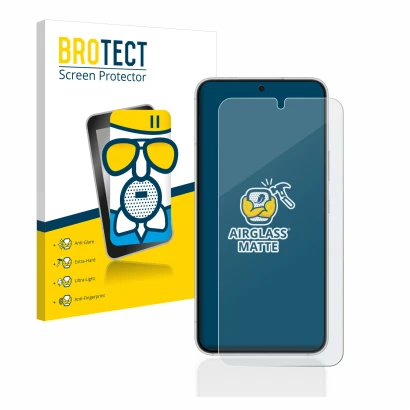 Front side of a product packaging with the brand logo BROTECT. Next to it is the device Samsung Galaxy S22 5G shown with the c