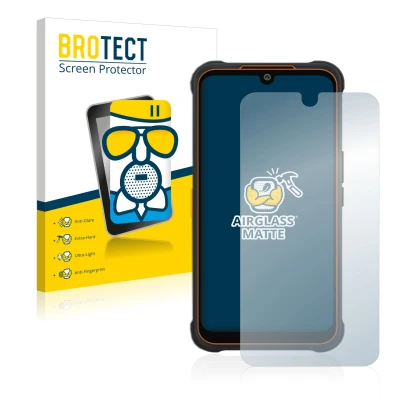 Front side of a product packaging with the brand logo BROTECT. Next to it is the device AGM Glory Pro shown with the correspon