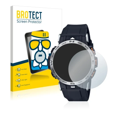 Front side of a product packaging with the brand logo BROTECT. Next to it is the device Casio Pro Trek PRW-30-1AER shown with