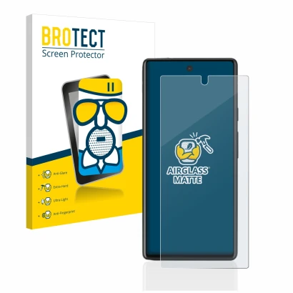 Front side of a product packaging with the brand logo BROTECT. Next to it is the device Google Pixel 6a shown with the corresp